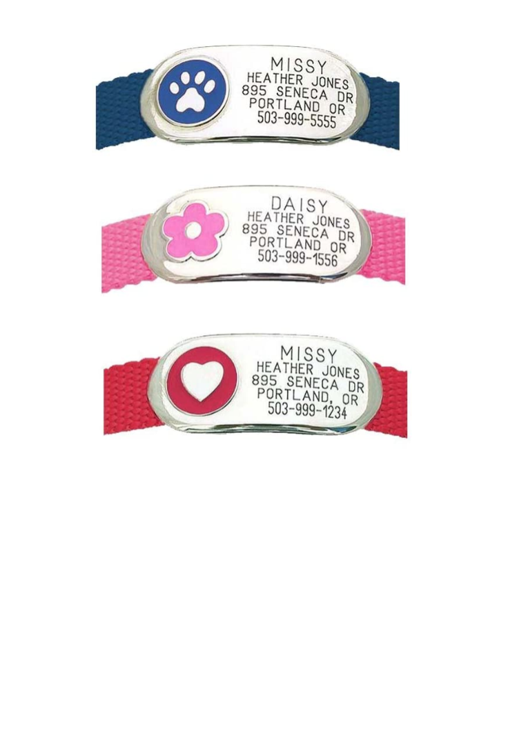 Three jewelry collar tags laying flat on matching colors, including one with a blue paw design, one pink flower design, and one red heart design; all custom engraved.