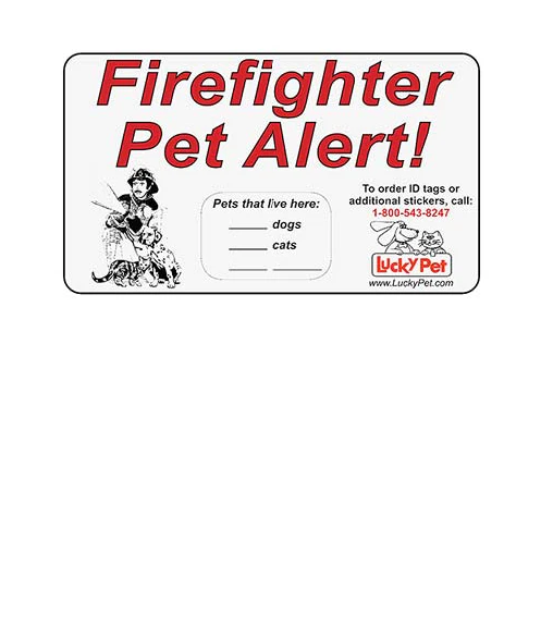 A 3 by 5 inch silver reflective sticker that says "Firefighter Pet Alert" in big bold red letters, and features a section to write in the pets that live in your home.