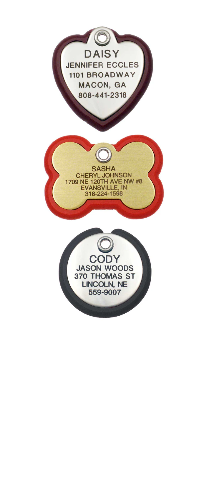 Three Plastic Frame Tags: A stainless heart with a burgundy frame, a stainless round with a black frame, and a brass bone with a red frame, all custom engraved on the front.
