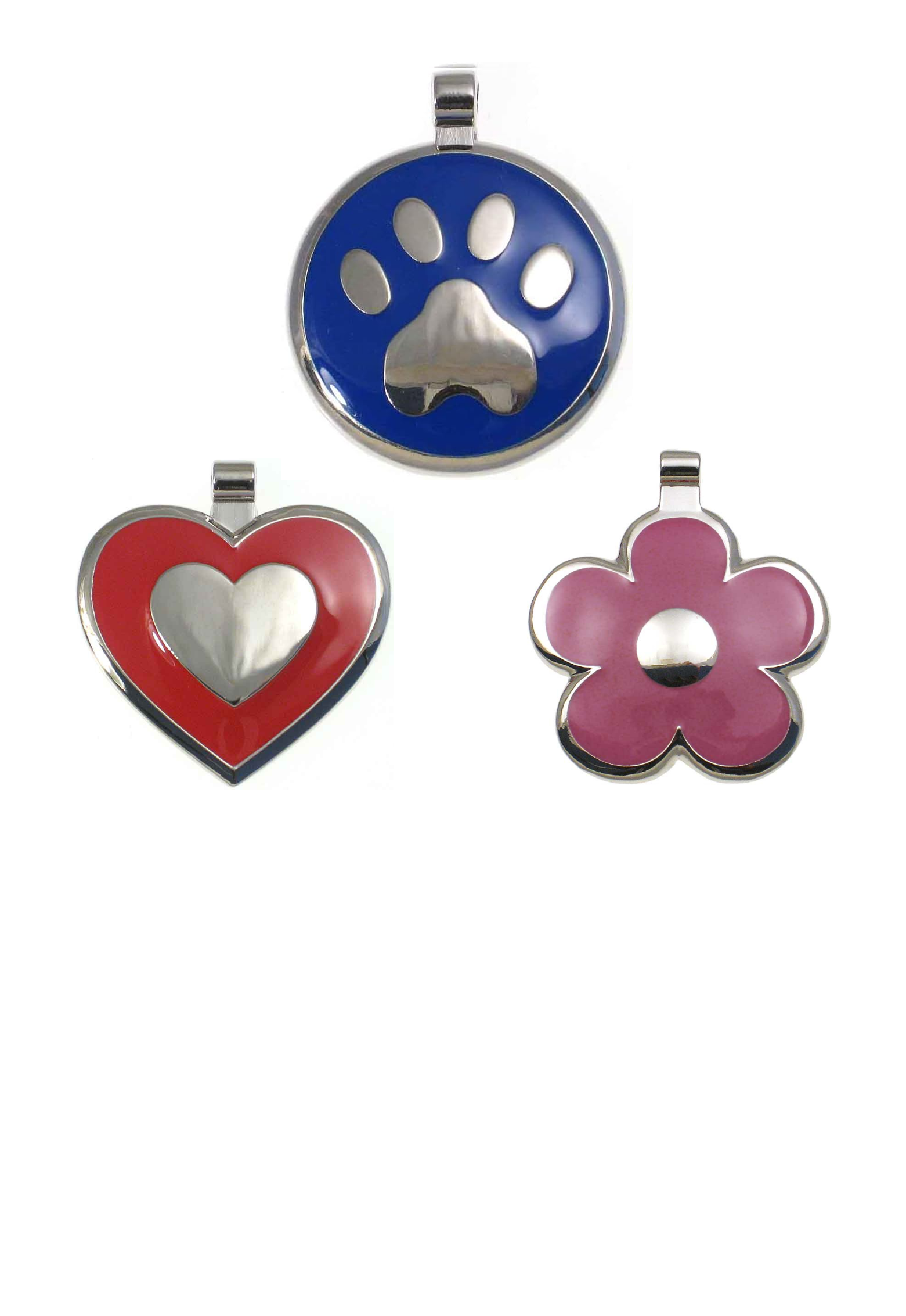 A blue paw enamel jewelry tag, a red heart shaped enamel jewelry tag, and a pink flower shaped enamel jewelry tag.