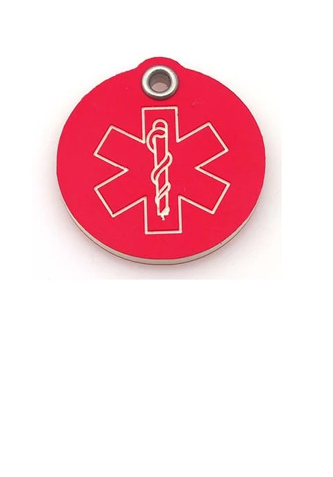 A red round plastic tag with a white medical symbol, aka caduceus, engraved into the front in white.