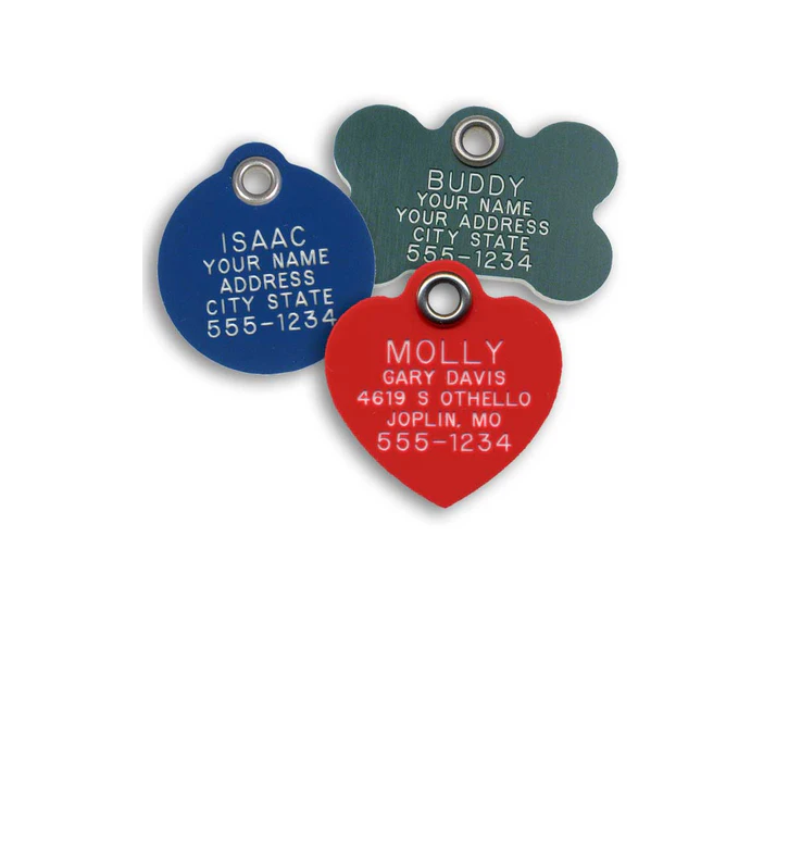 A green bone tag, blue round tag, and red heart tag all custom engraved with pet name and owner info.