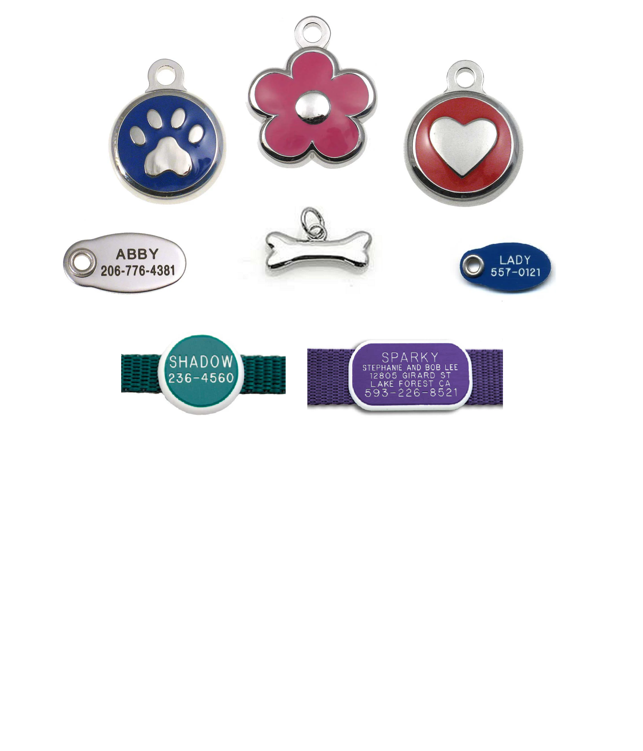 An assortment of very small ID tags, including the tiny jewelry tags in a paw, heart and flower; the tiny oval in stainless and in plastic, the small charm bone, and the small plastic collar tags.
