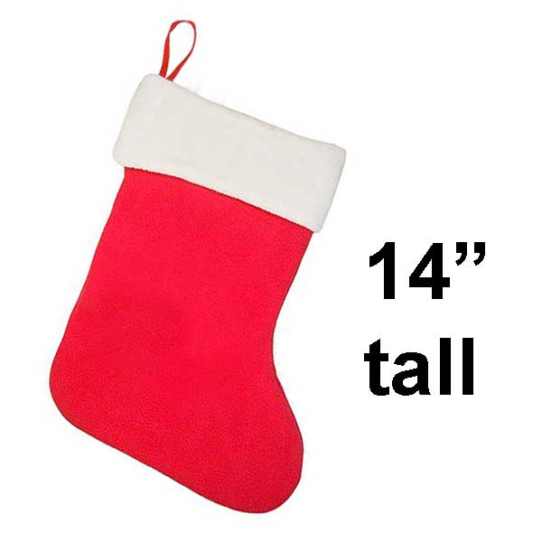 A red fleece holiday stocking with a white rolled-over section at the top.