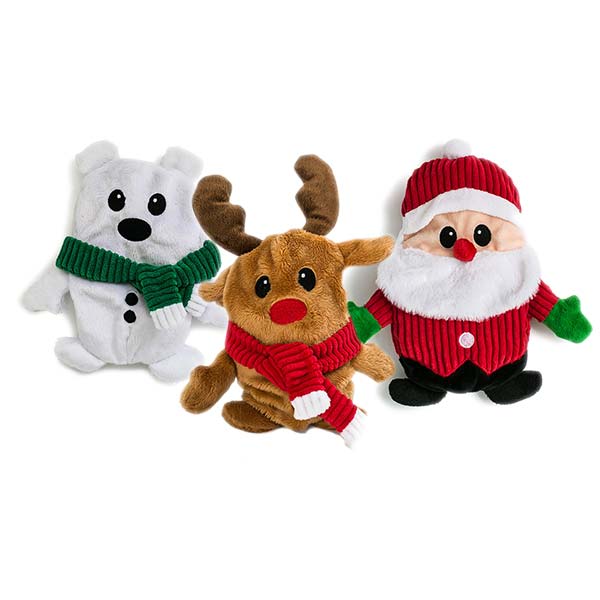 Three stuffed toys including a showman, reindeer with a red scarf, and santa