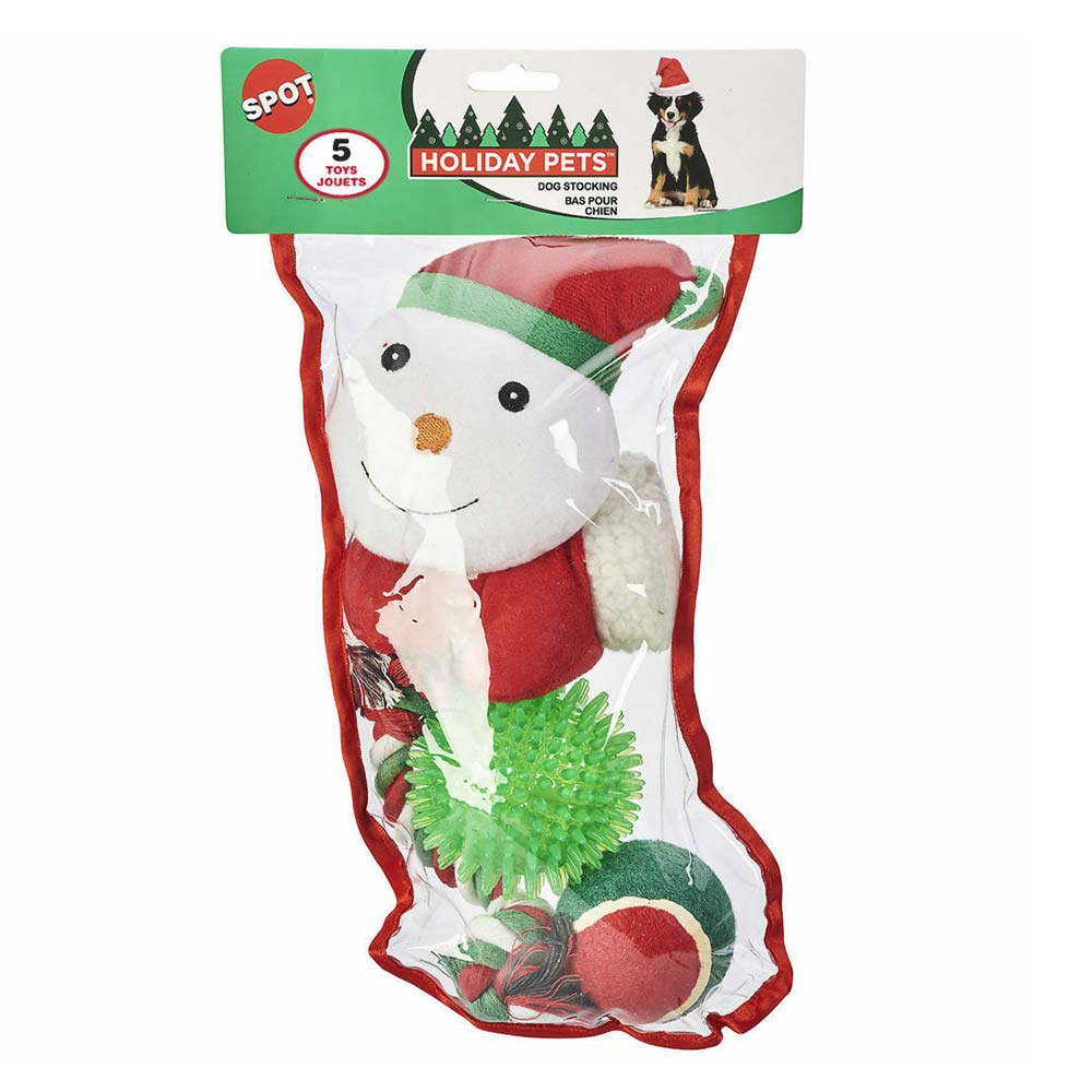 Plastic stocking-shaped bag showing a snowman stuff toy, a green & red tennis ball, a green & red rope, and a green silicone ball toy.